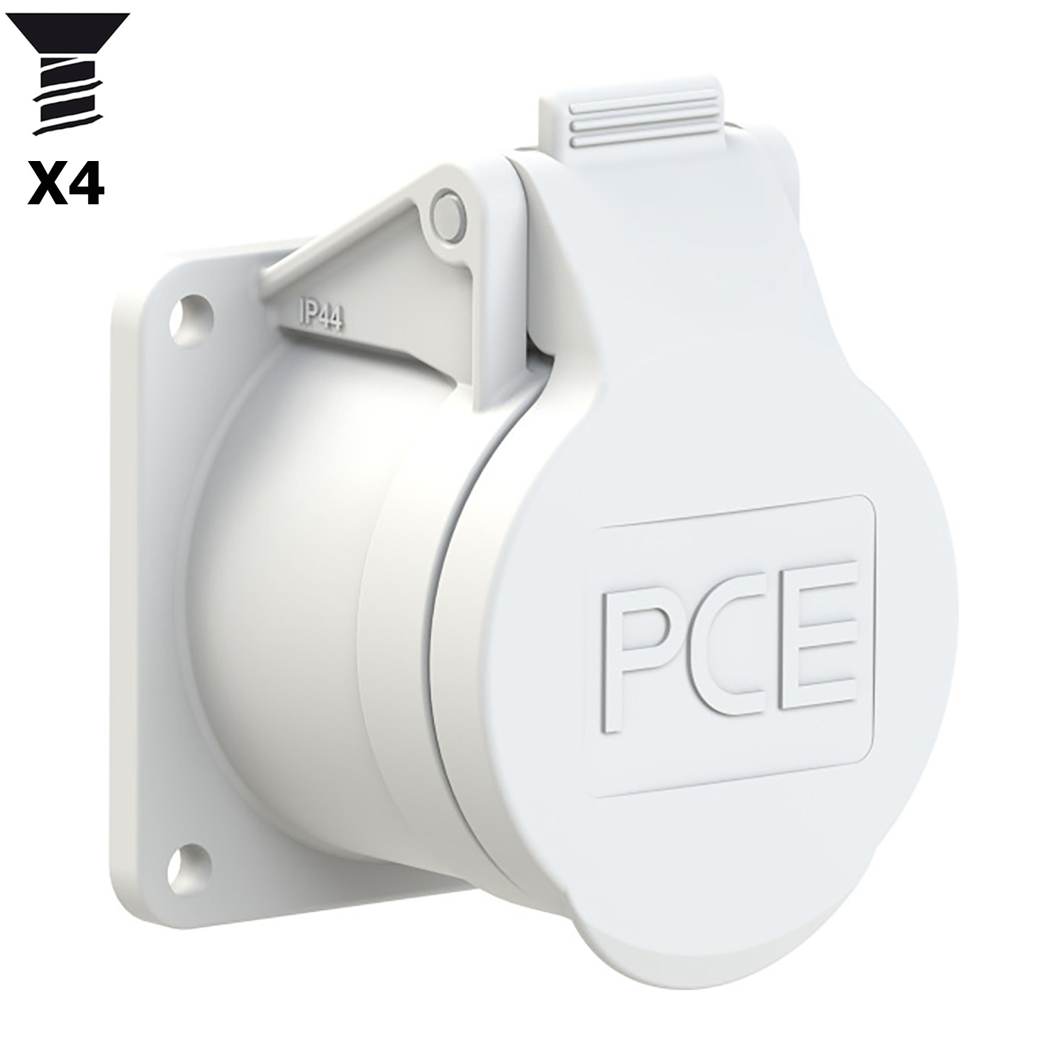 103112 CEE prise murale encastrable droit 16A 2p 42V 12h blanc IP54 bride 55x55mm alésage 45x45mm