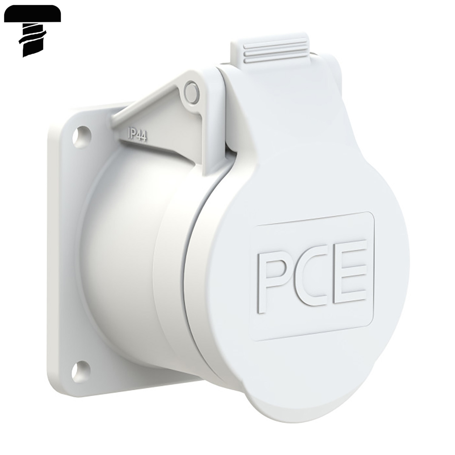 128231 CEE prise murale encastrable droit 16A 2p 42V 12h blanc IP54 bride 55x55mm alésage 45x45mm